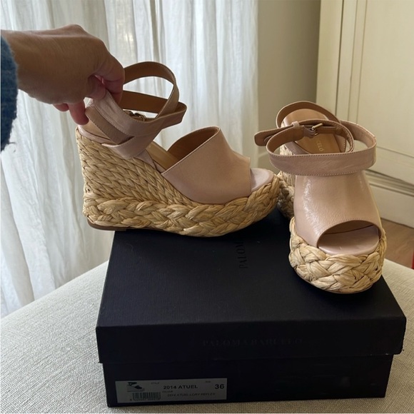 Anthropologie NWT Paloma Barcelo Nude leather Wedge Rafia Espadrille super Chic - Picture 15 of 16